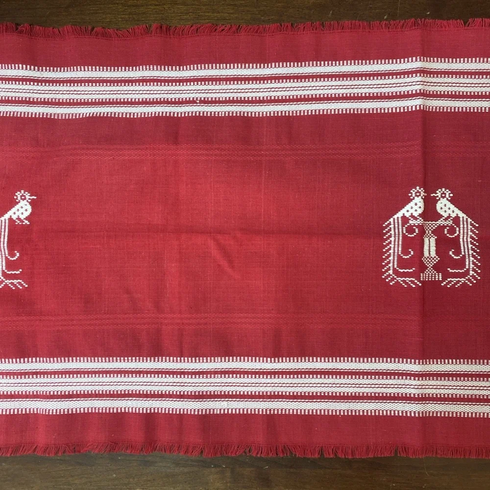 Vintage Woven Red Table Runner‎ White Stripes Peacocks Birds Fringe